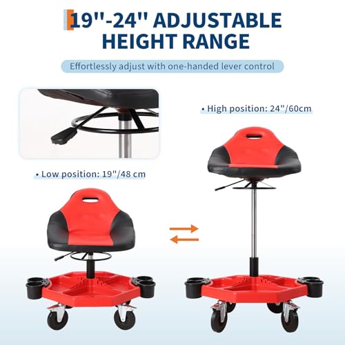 Rolling Mechanic Stool, 300 LBS Capacity, 19 in -24 in Height Adjustable Shop Stool with Soft Cushion,Tool Tray & 5 in 360° Lockable Swivel Wheels for Garage, Auto Repair, Workshop, ‌Heavy Duty, Red - size: Model 4