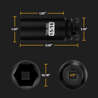 1/2 Inch Drive 15/16 Inch Deep SAE 6 Point CR-MO Impact Socket | Radius Corner Design,Square Chamfered Opening,Axle Nut Impact Grade Socket for Easy Removal - size: 1/2” Drive 15/16 Deep, style: 1/2" Drive Deep Socket