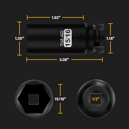 1/2 Inch Drive 15/16 Inch Deep SAE 6 Point CR-MO Impact Socket | Radius Corner Design,Square Chamfered Opening,Axle Nut Impact Grade Socket for Easy Removal - size: 1/2” Drive 15/16 Deep, style: 1/2" Drive Deep Socket