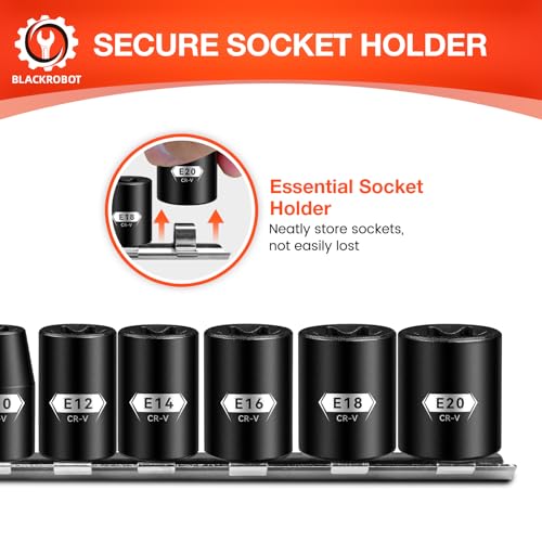 BLACKROBOT E Torx & Star Socket Set With Rail, 11-Piece Female External Sockets, 3/8" 1/4" Drive Precision Torque Inverted Torx Kit, E4 E5 E6 E7 E8 E10 E12 E14 E16 E18 E20 Reverse Socket
