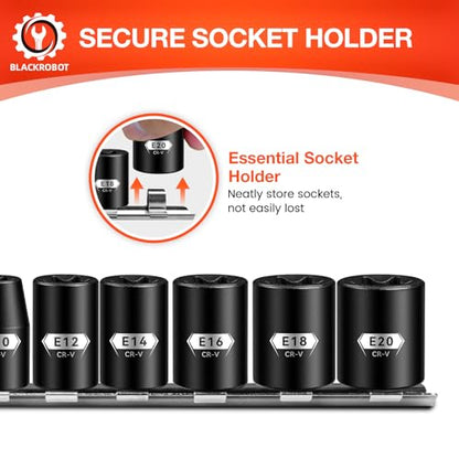 BLACKROBOT E Torx & Star Socket Set With Rail, 11-Piece Female External Sockets, 3/8" 1/4" Drive Precision Torque Inverted Torx Kit, E4 E5 E6 E7 E8 E10 E12 E14 E16 E18 E20 Reverse Socket