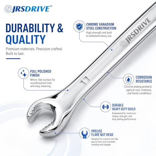 5 Pcs Flare Nut Wrench Set Metric 6x8, 10x11, 13x14, 15x17, 19x21mm CRV Line Wrench Set for Brake Line, Fuel, HVAC & Plumbing | Professional Mechanic Tools & Automotive Wrench Set E-2104