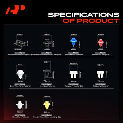 A-Premium 220PCS Retainer Clip Kit Compatible with 2000-2006 Toyota Tundra | Door Trim Panel Weatherstrip Hood Fender Splash Windshield Wheel Tail Light, Push Pin Nylon Rivet Fastener, w/Removal Tool