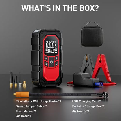 Jump Starter with Air Compressor,Car Battery Jump Starter (9.0 Gasoline/6.5L Diesel) with 150PSI Digital tire inflator Portable,12V Power Pack Car Jump Box Charger with LCD Display, Lights