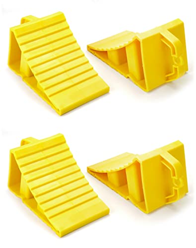 QWORK RV Wheel Chocks, 4 Pack Heavy Duty Car RV Tire Chocks Camper Chocks with Handle and Rope, Car Truck Stopper for Travel Trailers, Camper, Cars, Truck, Yellow