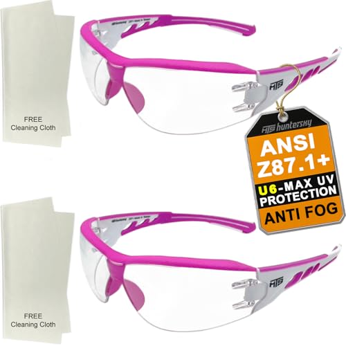 HTS HUNTERSKY Super Flexible Lightweight Anti Fog Wrap-Around U6 Clear Shooting Safety Glasses with ANSI Z87.1 Scratch Resist - color: Pink / Clear (2 Pack)