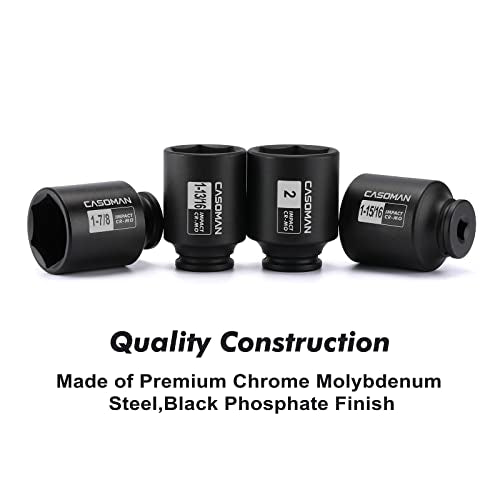 CASOMAN 4 Pieces 1/2" Dr. Deep Impact Socket Set, 1/2-Inch Drive Spindle Axle Nut Impact Socket Set, 1-13/16", 1-7/8", 1-15/16", 2", CR-MO, 6-Point, SAE - size: 4PCS(1-13/16 Inch - 2 Inch), style: Deep