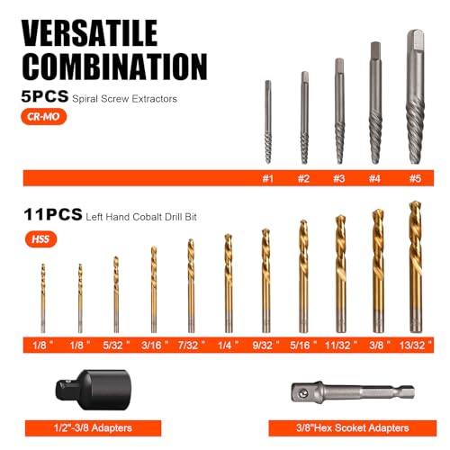 42Pcs Bolt Extractor Kit,Left Hand Drill Bit,Easy Out Screw Bolt Extractor | Heavy Duty,Durable&Resistant Damage,Solve Broken Screw Nuts,Multiple Size Options,for Men's Gift,Home Mechanical DIY - size: 42pc