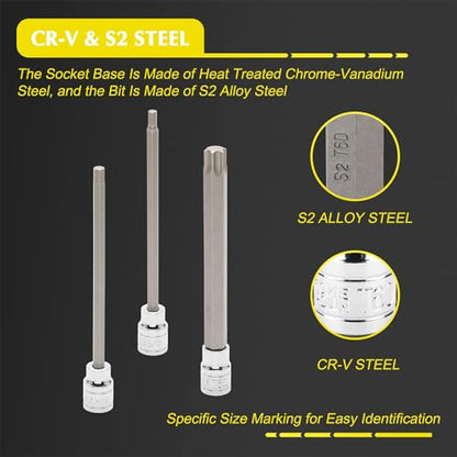 EMENTOL 32PCS 3/8"Dr. Extra Long Hex and Torx Bit Socket Set, CR-V, S2 Steel, 5.9" Length Allen Hex and Star Bit Socket Set, 1/8 Inch - 7/16 Inch, 3mm - 12mm, T10-T60