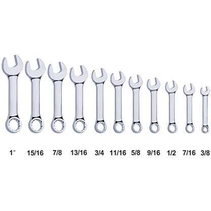 Premium Stubby Combination Wrench Set with Roll-up Pouch, 11-Piece, SAE, 3/8” to 1”, No Skipped Inch Size | Cr-V Steel, Mirror Polished Finish | Short Length and Slim Body, Perfect for Confined Areas - size: SAE Set