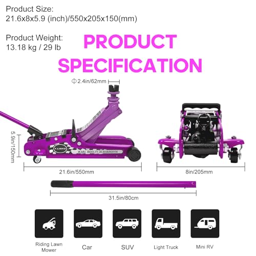 2.5 Ton Floor Jack Low Profile, Heavy-Duty Steel Racing with Single Piston Lift Pump, Lifting Range 4.5"-15.94" （Pink）