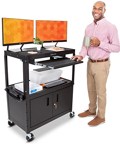 Line Leader Large AV Cart with Locking Cabinet | Height Adjustable Utility Cart with Pullout Keyboard Tray & Cord Management | UL Safety-Certified Computer Cart | Easy Assembly (32 x 18 x 42in) - color: Cabinet, size: 32" L x 18" D x 42" H