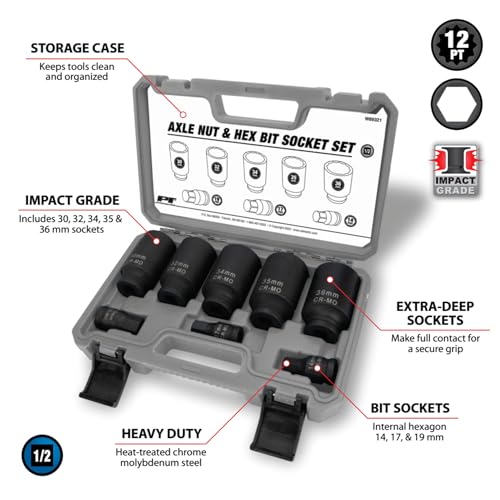 Performance Tool W89321 Axle Nut and Hex Bit Socket Set (8 Pieces) - Chrome Molybdenum Steel Construction, Extra-Deep Sockets for Secure Grip, Corrosion Protection, Fitted Storage Case - 1/2 in. Drive - style: 8 Pc. Axle Nut and Hex Bit Socket Set
