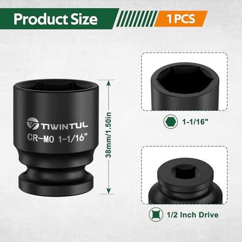1-1/16" Shallow Impact Socket 1/2 Inch Drive for Axle Nuts Removal | Heat-Treated CO-MO Steel Impact Socket, 6 Point Design, SAE, Axle Nut Socket for Automotive Truck and Machinery Maintenance - size: 1-1/16" (Standard)