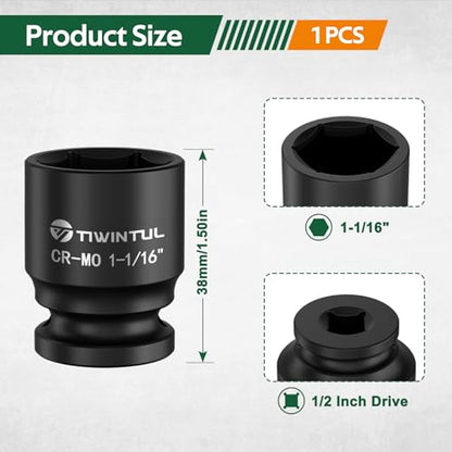 1-1/16" Shallow Impact Socket 1/2 Inch Drive for Axle Nuts Removal | Heat-Treated CO-MO Steel Impact Socket, 6 Point Design, SAE, Axle Nut Socket for Automotive Truck and Machinery Maintenance - size: 1-1/16" (Standard)