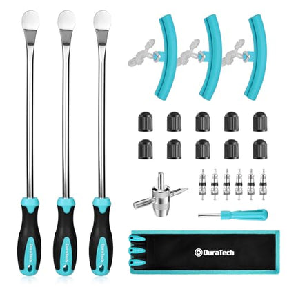 DURATECH 14.5" Steel Tire Spoons Tool Set, 24-Piece Tire Bar Removal Set with Rim Protectors, Valve Core Tools and Storage Bag, Tire Changing Iron Tool Kit for Motorcycle, Bicycle, ATV and Lawn Mower