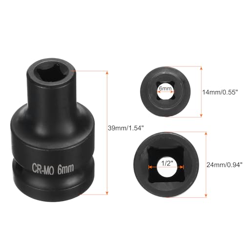 HARFINGTON 4 Point Square Socket 1/2" Drive 6mm Metric Square Impact Socket CR-MO Blackening Standard Wheel Sockets Pneumatic Socket Tool for Auto Repair Mechanical Maintenance Home Use - size: 6mm