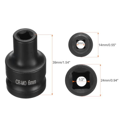 HARFINGTON 4 Point Square Socket 1/2" Drive 6mm Metric Square Impact Socket CR-MO Blackening Standard Wheel Sockets Pneumatic Socket Tool for Auto Repair Mechanical Maintenance Home Use - size: 6mm