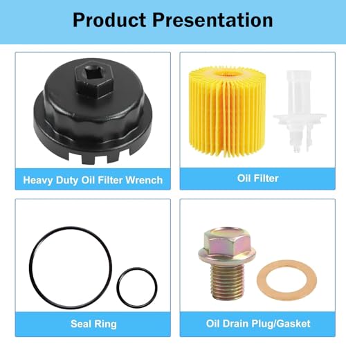 04152-yzza1 Oil Filter Change Kit with 64mm Oil Filter Wrench, Oil Drain Plug & Gasket for Toyota Tacoma Camry Tundra RAV4 Highlander Lexus ES/RX/Sienna