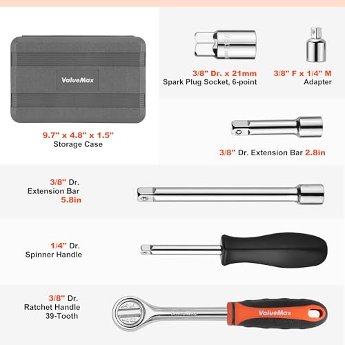 ValueMax Metric 1/4" & 3/8" Drive Socket Set, 21PCS 4-19mm Socket Wrench | Car Tool Kit with Ratchet Wrench, Extension Bars, Adapter, Spinner Handle and Storage Case, for Automotive Repair