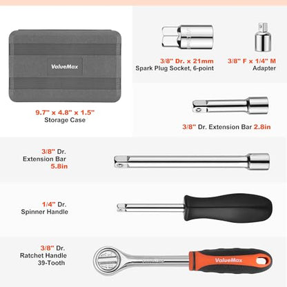 ValueMax Metric 1/4" & 3/8" Drive Socket Set, 21PCS 4-19mm Socket Wrench | Car Tool Kit with Ratchet Wrench, Extension Bars, Adapter, Spinner Handle and Storage Case, for Automotive Repair
