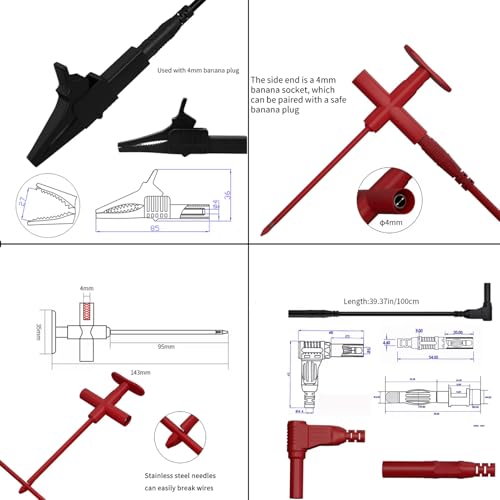 Multimeter Alligator Clips Test Leads Kit, Eectrical Alligator Clips Probe Test Kit,19A JT8001‑1 Crocodile Clip Wire Piercing Needle Probe 0.7mm Multimeter Accessories for Electronic Repair