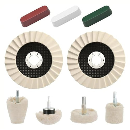 3-in-1 Wool Felt Flap Disc, Cotton Buffing Wheel & Polishing Compound Kit, 4-1/2" x 7/8" Arbor Wool Polishing Wheel for Angle Grinder, Metal Polishing Kit for Aluminum, Jewelry, etc