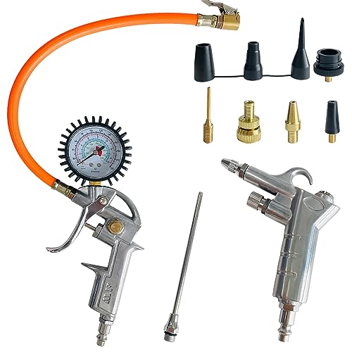 Heavy Duty Air Compressor Accessories Kit, 220PSI Rubber Hose Tire Inflator Gauge with Air Hose Fittings, 1/4" NPT Air Tool Kit with Air Dust Blowing Tool