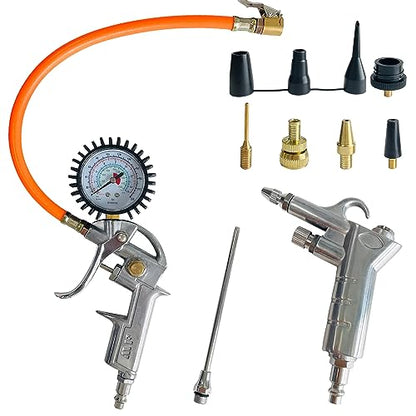 Heavy Duty Air Compressor Accessories Kit, 220PSI Rubber Hose Tire Inflator Gauge with Air Hose Fittings, 1/4" NPT Air Tool Kit with Air Dust Blowing Tool