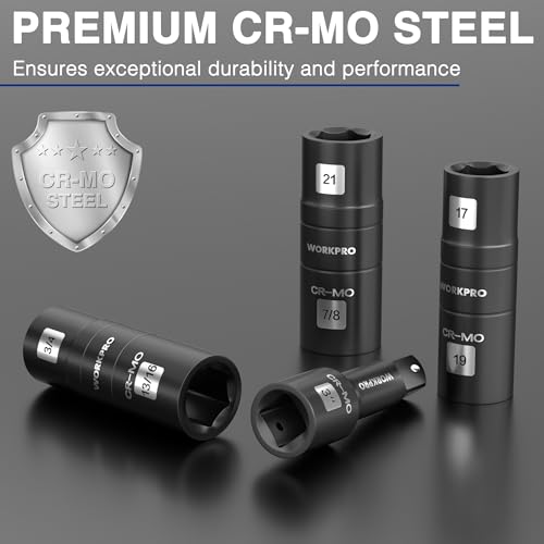 WORKPRO 4PCS Impact Socket Set 1/2" Drive, Lug Nut Socket Set, Wheel Socket Set Cr-Mo Steel, Includes 1PC 3" Extension Bar & 3PCS Flip Sockets of 6 Metric and SAE Sizes - size: 4pcs Flip Socket Set