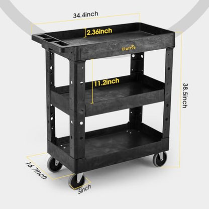 ELAFROS 3-Shelf Heavy Duty Plastic Rolling Utility Cart, 34 x 17 x 38.5 in | 550 lbs Capacity, Deep Shelves, 4 Swivel Wheels, Service Cart, Tool Cart, Work Cart, Garage Warehouse Shop Storage Organizer