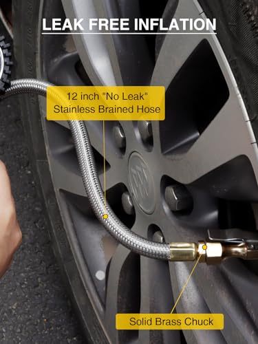 AZUNO Digital Tire Inflator Gauge 255 PSI, Heavy Duty Tire Pressure Gauge with Air Chuck, Steel Braided Hose, Quick Connect Coupler & Case for Truck RV Trailer - size: 255PSI For Truck / RV