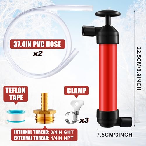 RV Antifreeze Siphon Hand Pump Kit, Liquid Transfer Pump with Two 1 Metre Clear PVC Hoses for Petrol, Oil and Fluids, Fuel Siphon Pumps with 2 Clamps, Camper, Boat Winterization Accessories