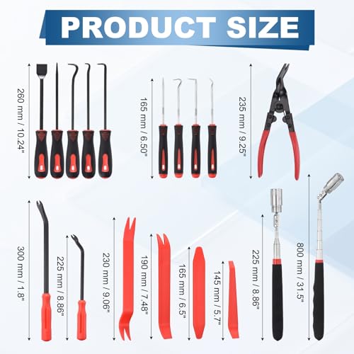 17Pcs Hook and Pick, Rotary Head Magnetic Pickup Tool Clip Pliers Plastic Pry Pieces Large Small Hook Pry Bar Gasket Scraper for Remove Hoses Gaskets Car Panel Fastener, Red - color: Red