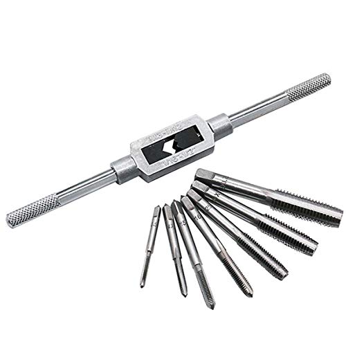 8pcs Metric Thread Machine Taps Set, Hand Screw Thread Plug Taps M3 M4 M5 M6 M8 M10 M12 with Adjustable Tap Wrench 1/16-1/2''