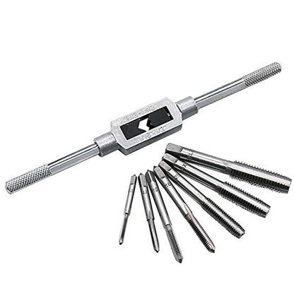 8pcs Metric Thread Machine Taps Set, Hand Screw Thread Plug Taps M3 M4 M5 M6 M8 M10 M12 with Adjustable Tap Wrench 1/16-1/2''