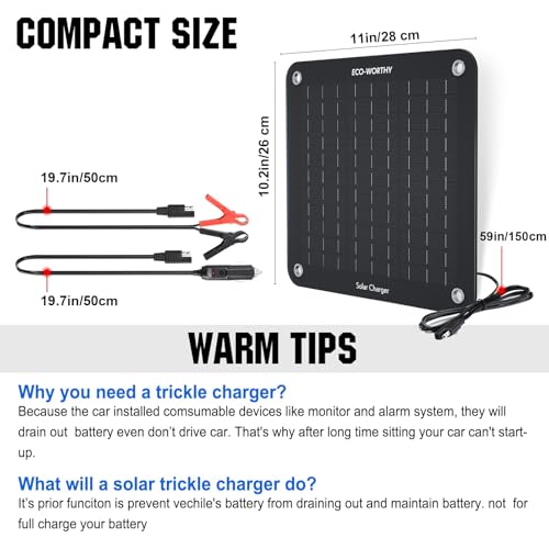 ECO-WORTHY 10W Solar Car Battery Charger Maintainer 12V Waterproof Portable Solar Trickle Charger for Car Truck Boat Lawn Mower RV Trailer Tractor ATV Utility Vehicle Battery