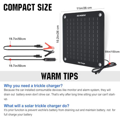 ECO-WORTHY 10W Solar Car Battery Charger Maintainer 12V Waterproof Portable Solar Trickle Charger for Car Truck Boat Lawn Mower RV Trailer Tractor ATV Utility Vehicle Battery