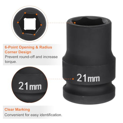 HARFINGTON 6-Point Impact Socket 3/4" Drive 21mm Metric 40Cr Alloy Steel Spindle Axle Nut Impact Socket - size: 21mm