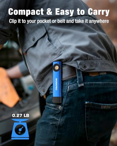WORKPRO Rechargeable Work Light, 600 Lumens Flat Pocket Flashlight with UV Light, Magnetic Base & Clip, Slim LED EDC Flashlight for Garage, Camping, Home, and Emergencies - color: Blue