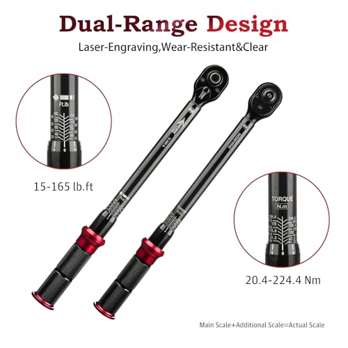 AEROFORCE 1/2-Inch Drive Torque Wrench（15-165 lb.ft / 20.4-224.4 Nm),72 Tooth Dual Direction Reversible Ratchet, Dual Range Scales, Precision Calibrated for Bike, Motorcycle and Car Repair - size: 1/2", style: 15 - 165 lb-ft