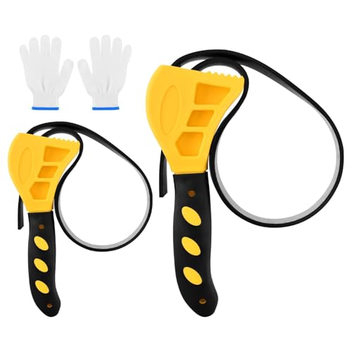 Rubber Strap Adjustable Wrench Set, 2pcs Oil Filter Wrench Diameter 6" and 8" with Labour Gloves, Universal Wrenc-h as Jar Opener, Pipe Wrenc-h, Plumber Tools, Faucet Tool(COLOR:Yellow)