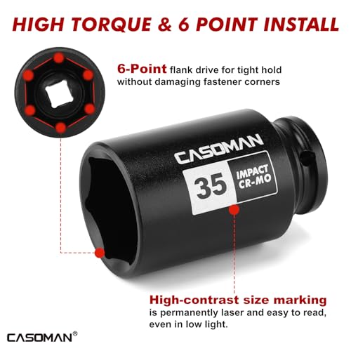 CASOMAN 1/2” Drive Deep Big Impact Socket Set, 13-Piece Large Spindle Axle Nut Impact Wrench Socket Set, 6 Point, CR-MO, Metric, 17mm - 41mm