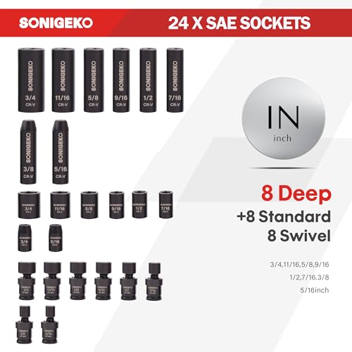 3/8" Drive Impact Socket Set, 67-Piece Standard Metric & SAE 6 Point CR-V Steel Sockets,Includes Extension Bars, 20-Piece Swivel Sockets, Universal Joint, Ratchet Handle and Adapter - size: 67 PCS, 3/8" Socket set, Metric & SAE & Swivel