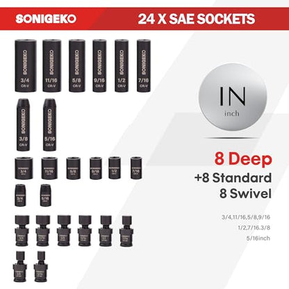 67-Piece 3/8" Drive Impact Socket Set,SAE 5/16"-3/4" & Metric 8-19mm | 6 Point CR-V Steel Sockets,Extension Bars ,20-Piece CR-MO Swivel Sockets, Universal Joint, Ratchet Handle and Adapter - size: 67 PCS, 3/8" Socket set, Metric & SAE & Swivel