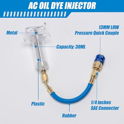 Oil and Dye Injectors Kit Hand Push 30ml/1 Oz AC Compressor Manual Oil Dye Injector with 1/4 SAE Quick Coupler Car AC Compressor Tool