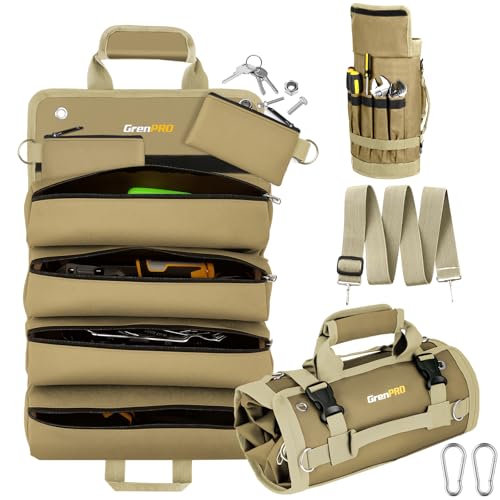 GrenPRO Roll Up Tool Bag, Tool Roll Up Bag with Detachable Tool Pouches, Soft Rollable Tool Pouch, Tool Organizer for Electricians, DIY, Valentines Day Gifts for Him Dad Men Mechanic Welding, Khaki - color: Khaki