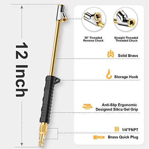 LUMITECO 12" Extended Reach Dual Head Air Chuck, 2-Way Connection 1/4" FNPT Straight Foot Lock On Tire Inflate Chuck, Tire Chuck w/Quick Plug, Air Compressor Fill Kit for Truck RV Semi Dually Tires - size: 12'' - With Handle