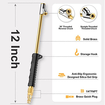 LUMITECO 12" Extended Reach Dual Head Air Chuck, 2-Way Connection 1/4" FNPT Straight Foot Lock On Tire Inflate Chuck, Tire Chuck w/Quick Plug, Air Compressor Fill Kit for Truck RV Semi Dually Tires - size: 12'' - With Handle