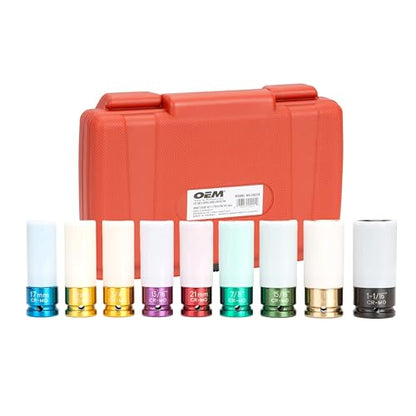 OEMTOOLS 9 Piece 1/2" Drive Wheel Protector Impact Socket Set | Extra Thin Wall Socket Set, Keeps Lug Nuts and Wheels Protected, SAE & Metric Sockets - size: 9 Piece Set